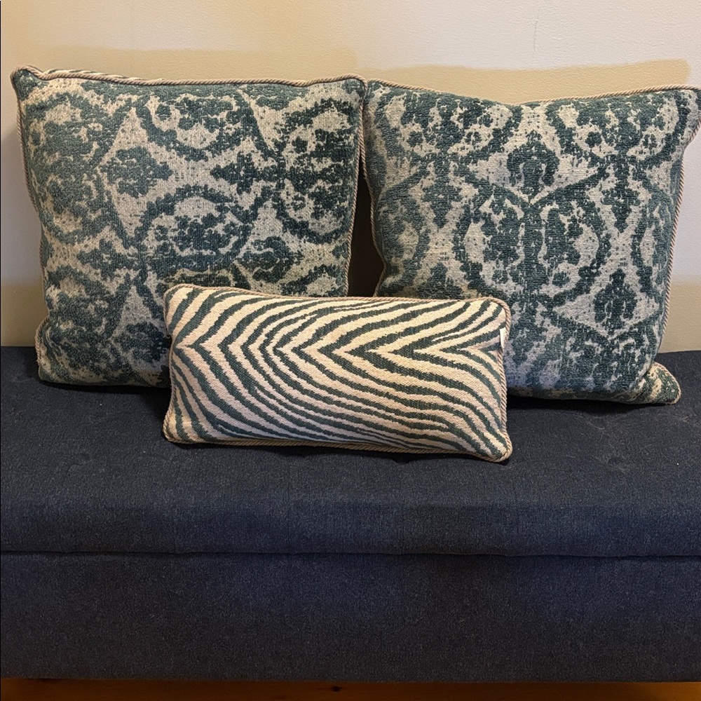 Set/3 ARHAUS Square & Mini Linen Throw Pillows Zebra Stripe Brocade Blue